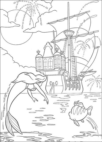 Ariel And Flounder Are Jumping Together  Coloring Page